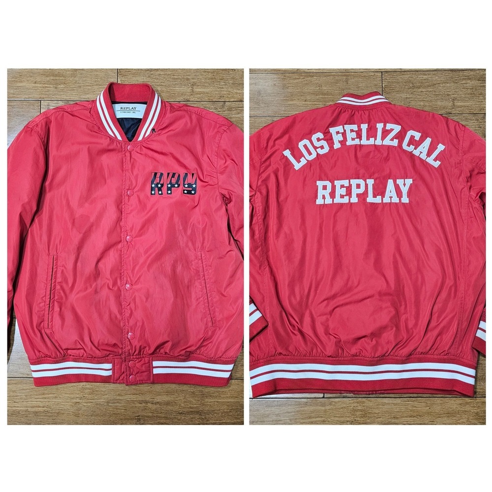 Replay‎ Bomber Jacket Mens Size M Red Varsity Los Feliz Cal Snap Front Coat